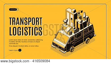Transport Logistics Isometric Vector Web Banner With Wan Transporting Home Furniture On Roof Line Ar