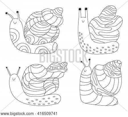 Snail Coloring Book Set. Children And Adults Coloring Antistress. Vector Stock Illustration On Isola