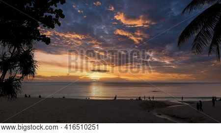 Beautiful Sunset Over The Clam Sea With Cloud Sky Background. Sunset Over Tropical Beach. Nature Sum