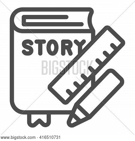 Story Book, Ruler, Pencil Line Icon, Children Book Day Concept, Ruler, Pencil Vector Sign On White B