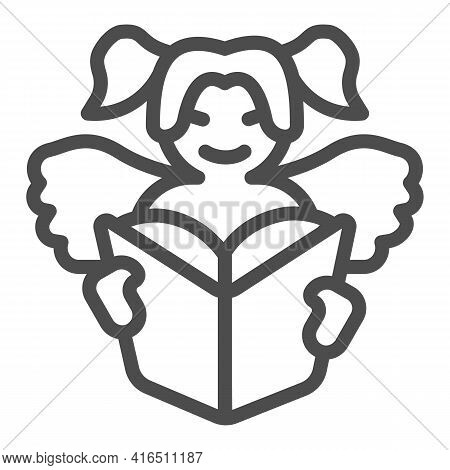 Angel Child Reads Book Line Icon, Children Book Day Concept, Angel Wings Vector Sign On White Backgr
