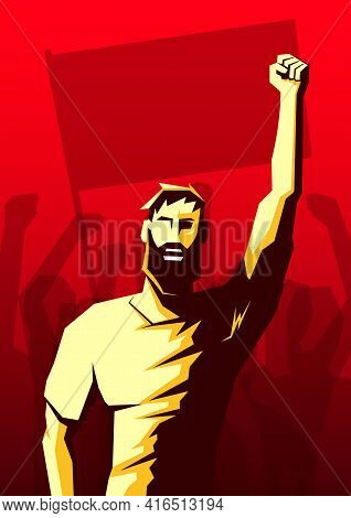 Screaming Beard Man With Raised Up Fist And Crowd Of People With Flag And Hands Raised In The Air On