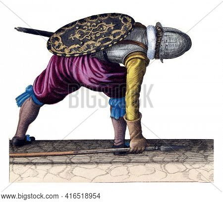 The exercise with shield and spear: the soldier bends to pick up the spear, vintage engraving.