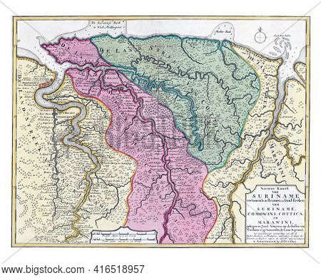 Map of Suriname, Joachim Ottens, vintage engraving.