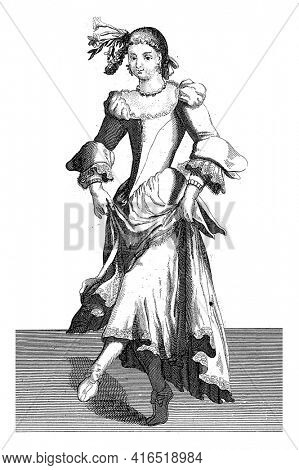 Venetian dancing woman, Domenico Bonavera (possibly), c. 1650 - c. 1740 Young Venetian woman, dancing and with flowers in her hair, vintage engraving.