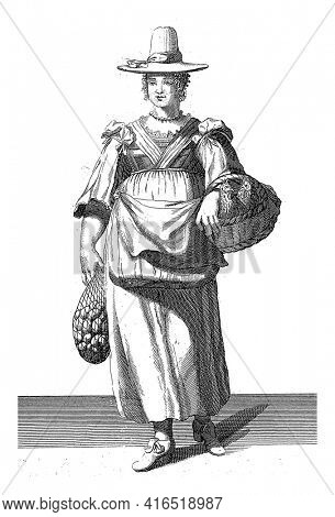 Venetian woman on the way to the market, Domenico Bonavera (possibly), c. 1650 - c. 1740 Woman standing with a basket of chickens and a net with eggs, vintage engraving.