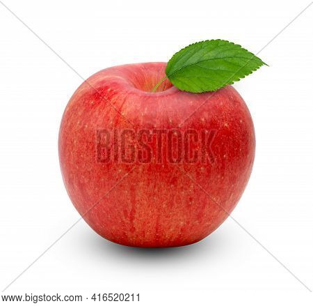 Red Apple With Green Leaf Isolated On White Background