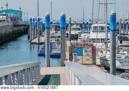 Pyeongtaek, South Korea; April 6, 2021: Ramp To Slips Where Yachts Are Moored At Jeongok Port Marina