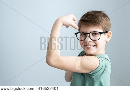 Boy Vaccinated Against Coronavirus Infection. Vaccination Against Covid-19. Sputnik-v. Copy Space