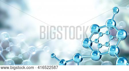 Models of abstract molecular structure on blue background. Horizontal banner with glass model of molecule. Copy space for your text. Mock up template. 3d render