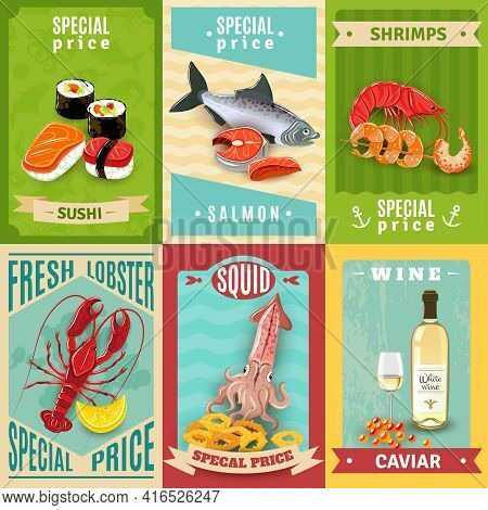 Premium Quality Fish And Seafood Mini Poster Set Isolated Vector Illustration