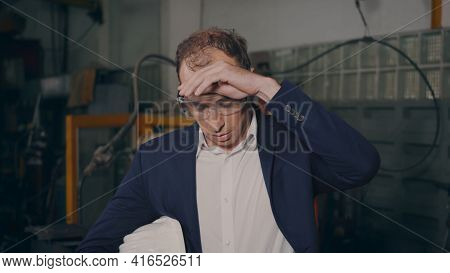 Professional Confident Engineer Businessman In Suits Safety Hats And Goggles Tired Worker Stand Remo