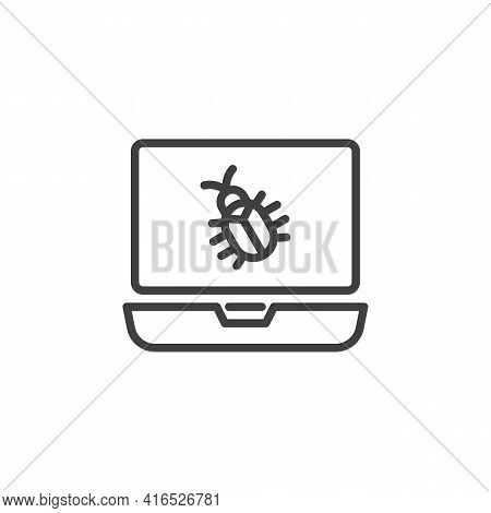 Laptop Computer Bug Line Icon. Linear Style Sign For Mobile Concept And Web Design. Computer Virus B