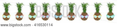 Pineapples In Colorful Sunglasses Are Lined Up In A Row. Stock Vector Illustration Isolated On A Whi