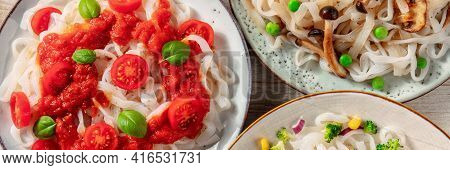 Konjac Pasta Panorama. Fettuccine With Various Vegetables And Sauces