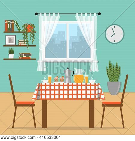 Table Covered With A Tablecloth And Breakfast On It. Breakfast At Home. Cozy Room With Shelves, Plan