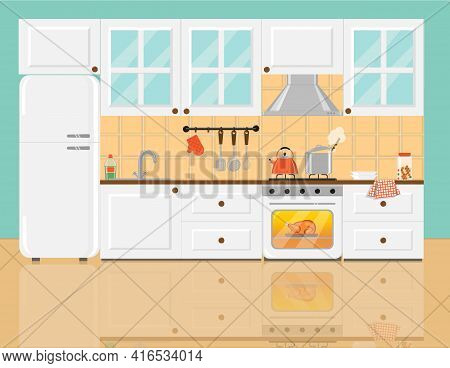 Cozy Kitchen With White Furniture, Glass Cupboard, Refrigerator And Food On Gas Stove And Inside The