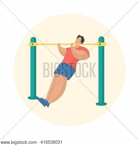 Man Doing Pull-ups Workout. Outdoor Fitness Equipment. Male Cartoon Character Pulling Himself On Hor
