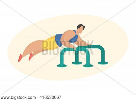Man In Sportswear Doing Push Up Using Outdoor Fitness Equipment. Male Cartoon Character Doing Sport 
