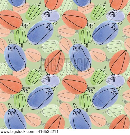 Seamless Pattern With Vegetables In The Style Of Linart On A Green Background. Sweet Pepper, Carrot 