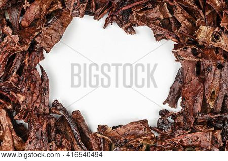 Natural Treats For Pets. Dried Beef Lungs With The Blank White Area. Full Frame Of Dried Treat Piece