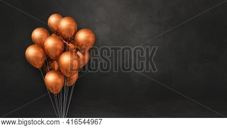 Copper Balloons Bunch On A Black Wall Background. Horizontal Banner. 3d Illustration Render