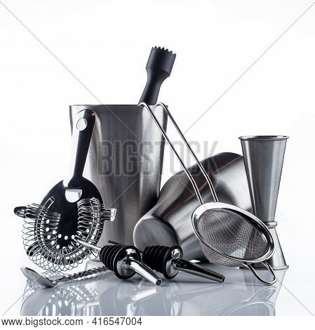 Cocktail Shaker And Other Bartender Equipment Isolated On White