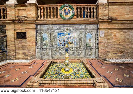 Seville, Spain - 07 April, 2019: The Mosaic Panno On The Walls Of The Plaza De Espana In Seville, A 