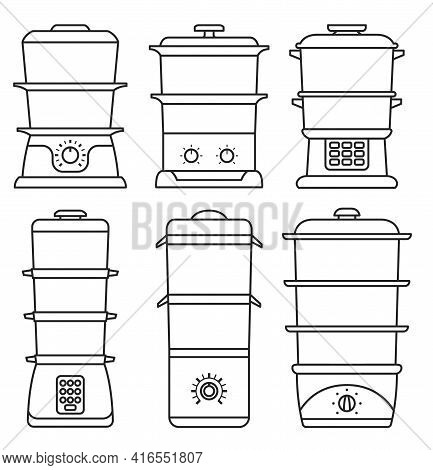 Steam Cooker Isolated Outline Set Icon. Vector Illustration Steamer On White Background. Vector Outl