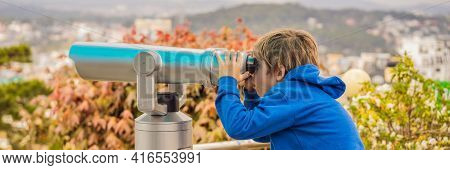 Binoscope. Stationary City Binoculars. A Boy Looks At The City Through A Binoscope Banner, Long Form