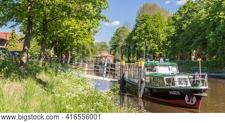 Haren, Germany - May 09, 2020: Panorama Of Boats In The Canal Of Haren, Germany