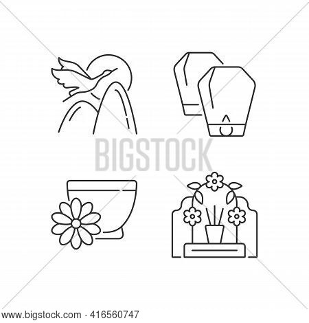 China National Holidays Linear Icons Set. Crane. Lantern Festival. Chrysanthemum Tea. Mythology. Cus