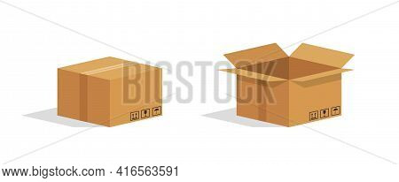 Cardboard Box. Open And Closed Parcel. Isometric Carton Box. Brown Package For Goods. Paper Cube For