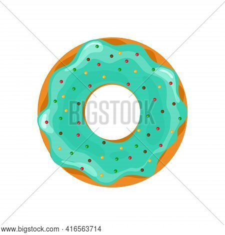 Donut And Cupcake. Doughnut With Blue Glazed. Sweet Cake For Dessert. Cartoon Icon Of Donut With Ici