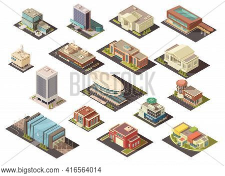 Government Building Isometric Set With State Institutions Symbols Isolated Vector Illustration