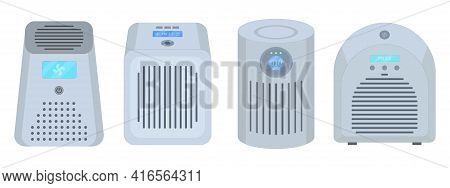 Air Purifiers Vector Illustration In Flat Style On Isolated White Background. Filtration Of Viruses,
