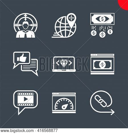 Seo Glyph Icons Set. Seo Related Vector Icons. Target Audience, Video Marketing, Backlinks, Landing 