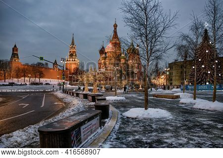 Moscow, Russia - January 15, 2021: A Splended View Of Moscow Kremlin, St. Basil's Cathedral And Chri
