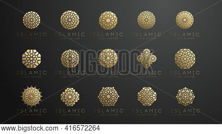 Gold Islamic Logo Set On Dark Background. Ramadan Kareem Vector Pattern. Round Shape Logo Design. Is
