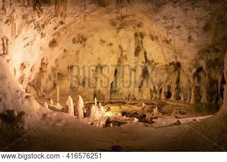 Underground Caves With Stalactites And Stalagmites Formations Into The Frasassi Caves (grotte Di Fra