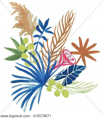 Herbarium Of Tropical Dried Flowers Painted In Gouache Isolated On A White Background With Branches 