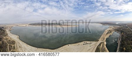 Aerial Panorama Of Pyasachnik (sandstone) Reservoir, Sredna Gora Mountain, Plovdiv Region, Bulgaria
