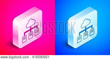 Isometric Online Working Icon Isolated On Pink And Blue Background. Freelancer Man Working On Laptop