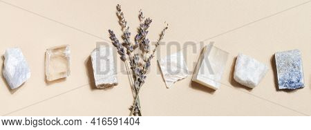 Lavender And Crystal Minerals On Beige Background. Magic Rock For Crystal Ritual, Witchcraft, Spirit