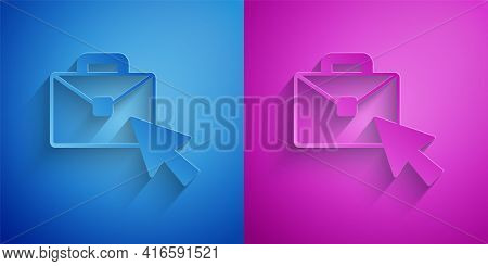 Paper Cut Online Working Icon Isolated On Blue And Purple Background. Freelancer Man Working On Lapt