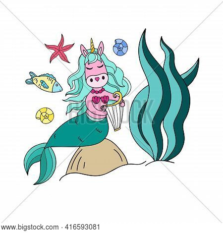 Illustration With A Unicorn Mermaid For Children's And Adult Books, Clothing, Office Supplies