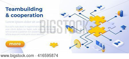 Teambuilding And Cooperation - Isometric Design In Trendy Colors Isometrical Icons On Blue Backgroun