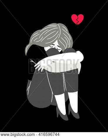 Woman With Broken Heart. Cartoon Young Lady With Feeling Of Sadness, Concept Of Anxiety And Melancho