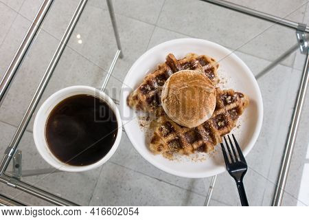 A Baked Croissant Dough In Waffle Iron With A Scoop Of Vanilla Ice Cream