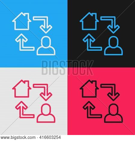 Pop Art Line Online Working Icon Isolated On Color Background. Freelancer Man Working On Laptop At H